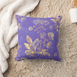 Elegant Vintage Blue Gold Floral Illustration Throw Pillow