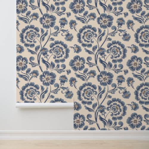 Elegant Vintage Blue Gold Floral Pattern Wallpaper