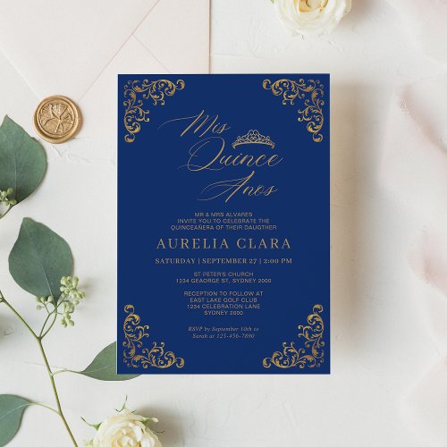 Elegant Vintage Blue Gold Mis Quince Quinceaera Invitation