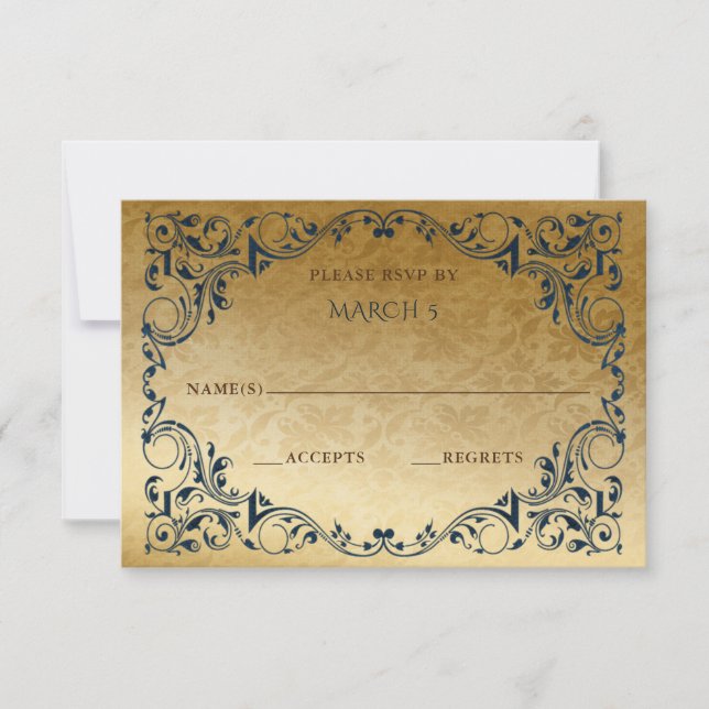 Elegant Vintage Blue Gold  RSVP Card (Front)