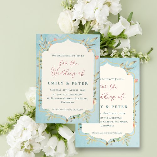  Elegant Vintage Blue Golden Frame Floral  Wedding Invitation