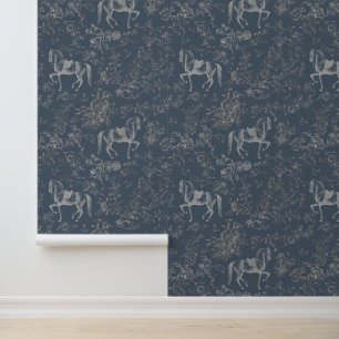 Elegant Vintage Blue Gray Horse Floral Pattern Wallpaper