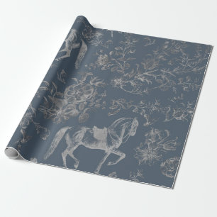 Elegant Vintage Blue Gray Horses Floral Patter Wrapping Paper