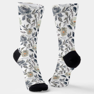 Elegant Vintage Blue Gray Watercolor Floral Botani Socks