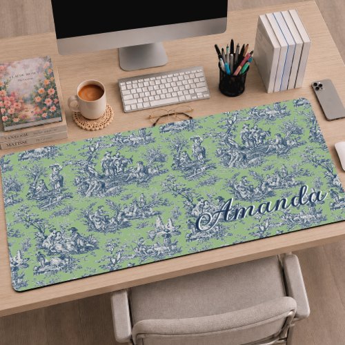 Elegant Vintage Blue Green Monogram Toile Desk Mat