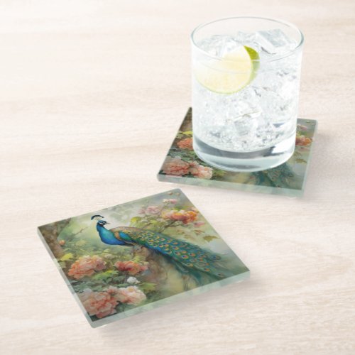 Elegant Vintage Blue Green Peacock Floral Foliage Glass Coaster