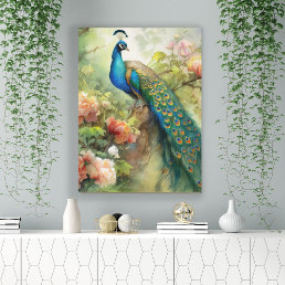Elegant Vintage Blue Green Peacock Pink Flowers  Canvas Print