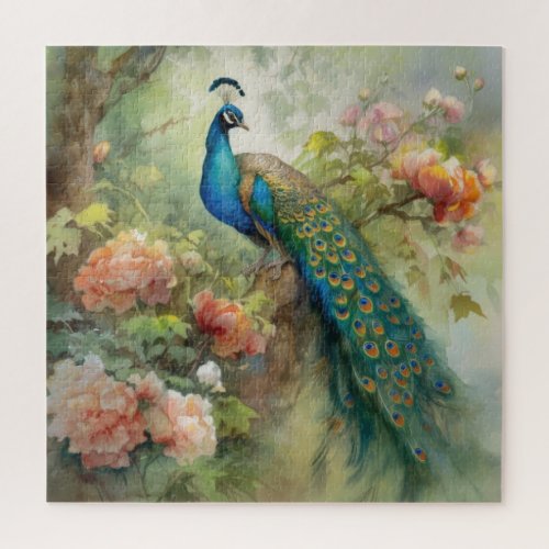 Elegant Vintage Blue Green Peacock Pink Flowers  Jigsaw Puzzle