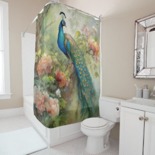 Elegant Vintage Blue Green Peacock Pink Flowers Shower Curtain