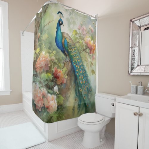 Elegant Vintage Blue Green Peacock Pink Flowers  Shower Curtain