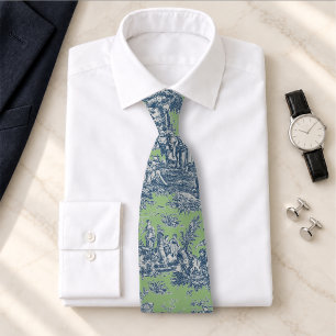 Elegant Vintage Blue Green Toile De Jouy Neck Tie