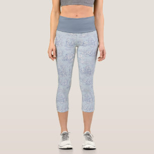Elegant vintage blue grey toile de jouy capri leggings