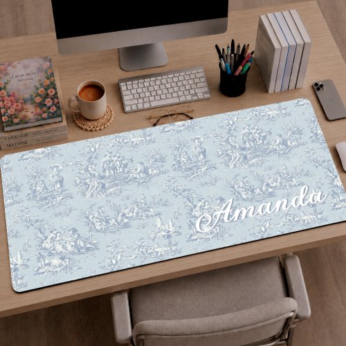 Elegant Vintage Blue Grey Toile Monogram Desk Mat