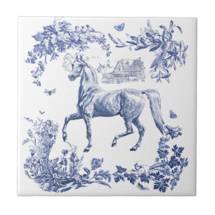 Elegant Vintage Blue Horse Floral Ceramic Tile