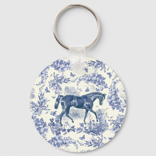 Elegant Vintage Blue Horse Floral Toile Monogram Keychain