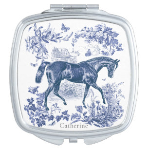 Elegant Vintage Blue Horse Floral Toile Name Compact Mirror
