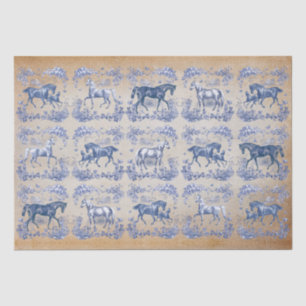 Elegant Vintage Blue Horse Floral Toile on Beige Tissue Paper