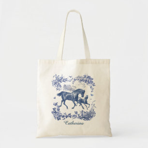 Elegant Vintage Blue Horses Country Toile Tote Bag