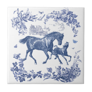 Elegant Vintage Blue Horses Floral Ceramic Tile