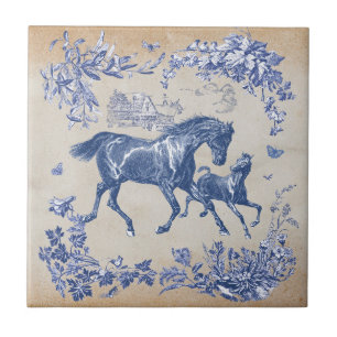 Elegant Vintage Blue Horses Floral Ceramic Tile