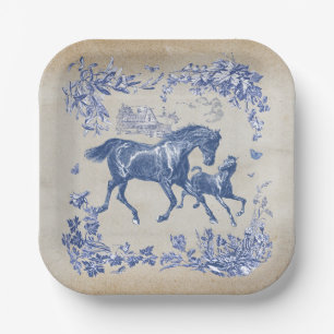 Elegant Vintage Blue Horses Floral Paper Plates