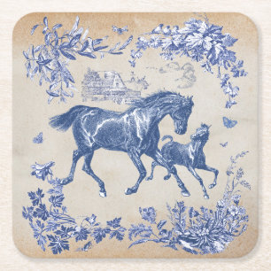 Elegant Vintage Blue Horses Floral Square Paper Coaster