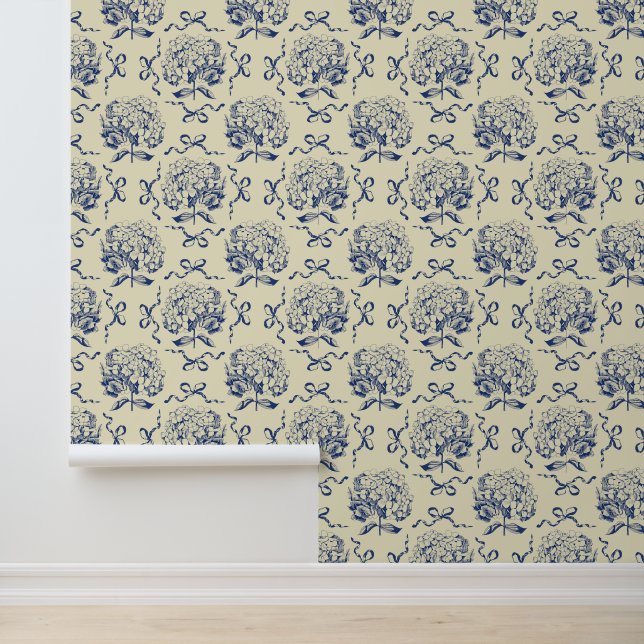 Elegant Vintage Blue Hydrangea Bow Pattern Wallpaper (Application)