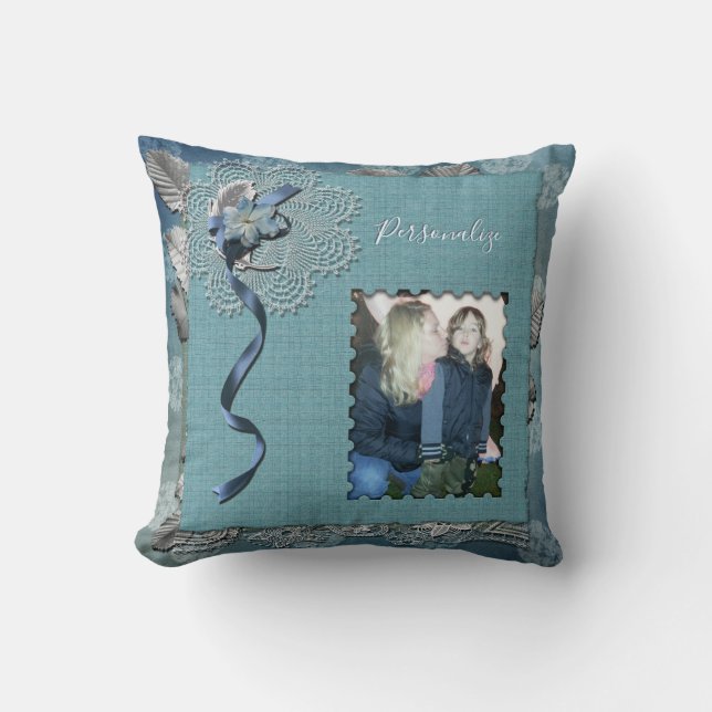 Elegant Vintage Blue Lace Photo Personalized Throw Pillow (Front)
