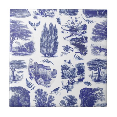 Elegant Vintage Blue Pastoral Toile Seamless Ceramic Tile