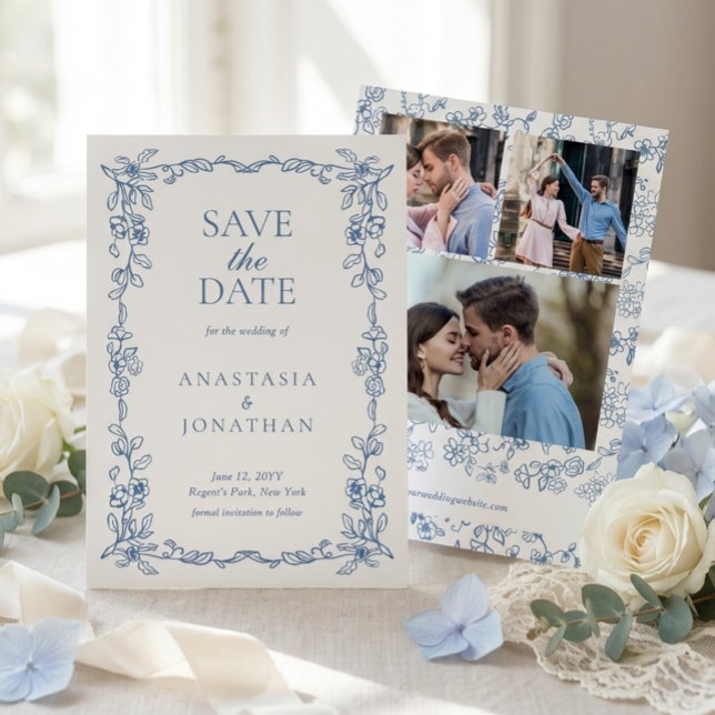 Elegant Vintage Blue Photo Wedding Save The Date (Creator Uploaded)