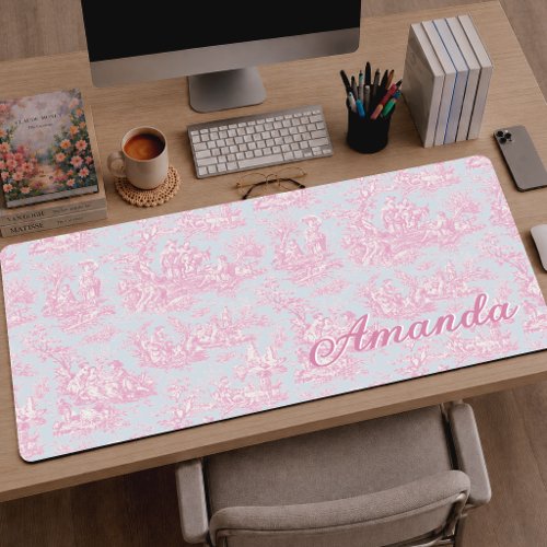 Elegant Vintage Blue Pink Romantic Toile De Jouy Desk Mat