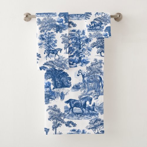 Elegant Vintage Blue Rustic Horses Toile  Bath Towel Set