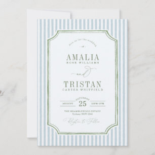 Elegant Vintage Blue Sage Green Stripe Wedding Invitation
