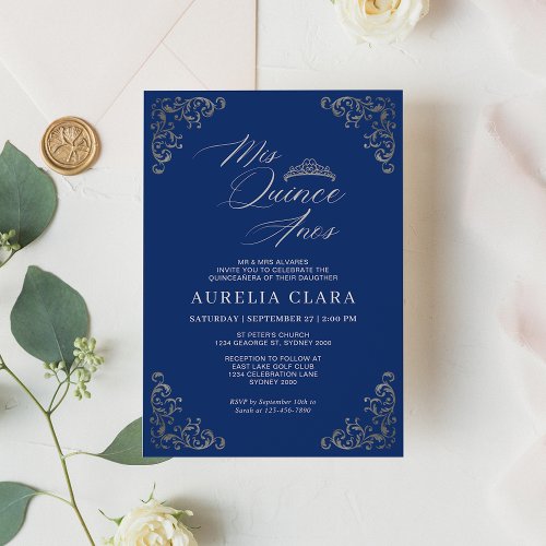 Elegant Vintage Blue Silver Mis Quince Quinceaera Invitation