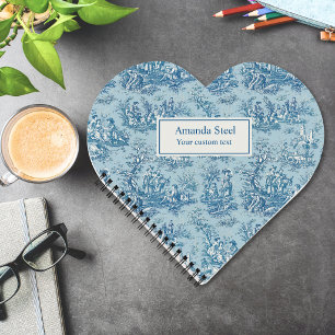 Elegant vintage blue teal toile de jouy heart notebook