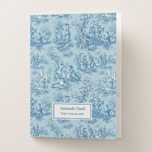 Elegant vintage blue teal toile de jouy pocket folder