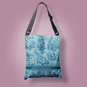 Elegant vintage blue teal toile de jouy printed  crossbody bag