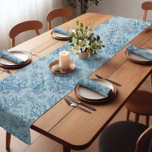 Elegant vintage blue teal toile de jouy printed short table runner