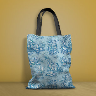 Elegant vintage blue teal toile de jouy printed tote bag