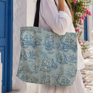 Elegant vintage blue teal toile de jouy printed tote bag