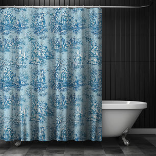 Elegant vintage blue teal toile de jouy shower curtain