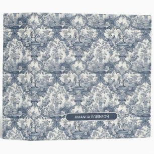 Elegant vintage Blue toile de jouy monogram 3 Ring Binder