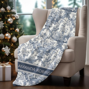 Elegant vintage Blue toile de jouy monogram Fleece Blanket