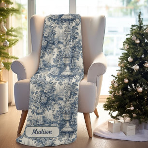 Elegant vintage Blue toile de jouy monogram Fleece Blanket