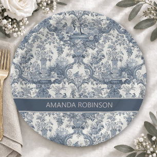 Elegant Vintage Blue Toile de Jouy Monogram Paper Plates
