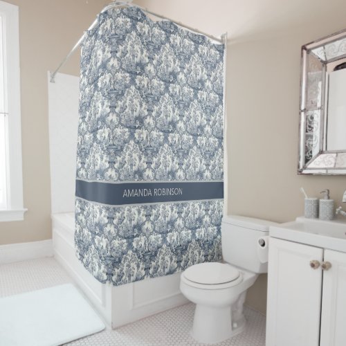 Elegant vintage Blue toile de jouy monogram Shower Curtain