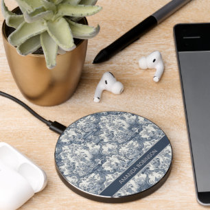 Elegant vintage Blue toile de jouy monogram Wireless Charger