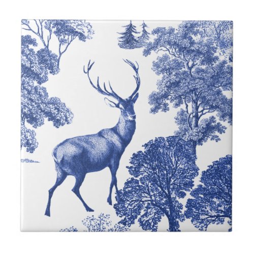 Elegant Vintage Blue Toile Deer in Woods Ceramic Tile