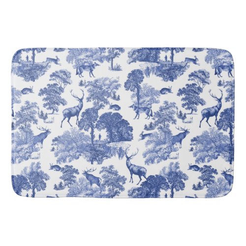 Elegant Vintage Blue Toile Deer Pattern Bath Mat