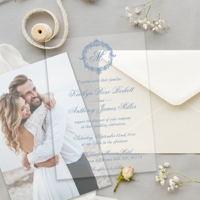 Elegant Vintage Blue Toile Monogram Wedding Acrylic Invitations (Creator Uploaded)